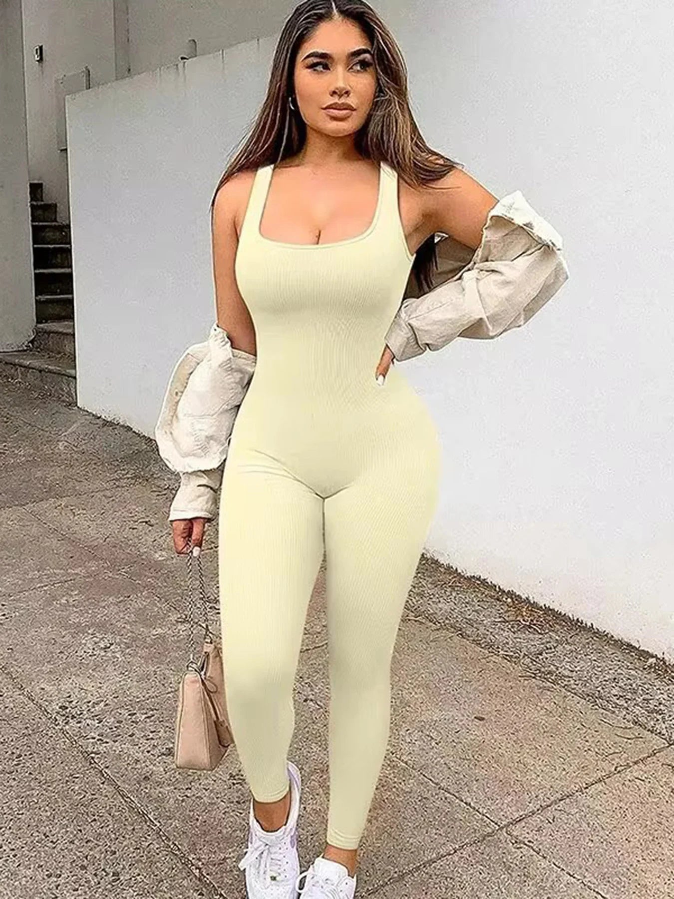 Women'S Solid Color Ribbed Yoga Jumpsuit Seamless Slimming Gym Push up Exercise Jumpsuit Women'S Sportswear
