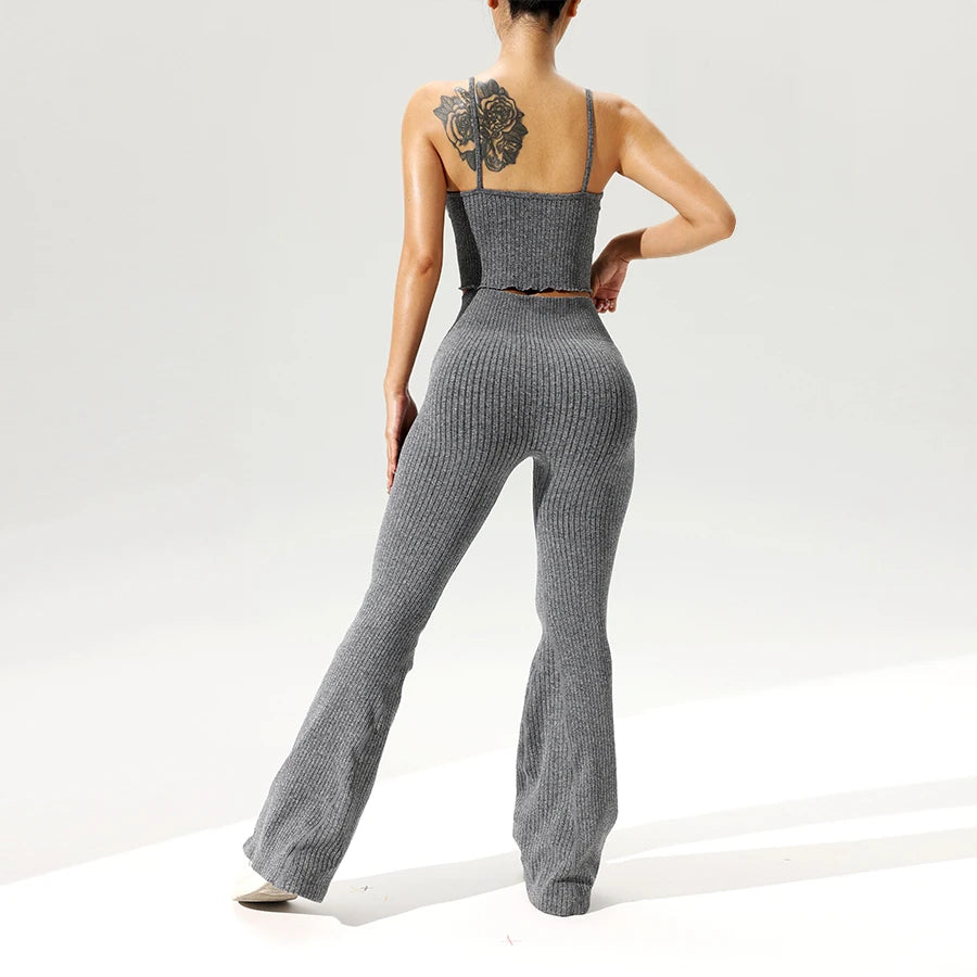 2Pcs/Set Seamless Flared Pants Ribbed Tank Top Outfit 