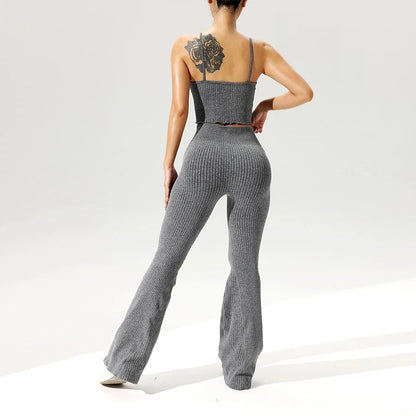 2Pcs/Set Seamless Flared Pants Ribbed Tank Top Outfit 