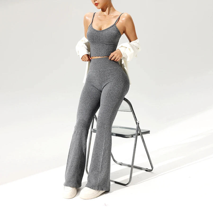2Pcs/Set Seamless Flared Pants Ribbed Tank Top Outfit 