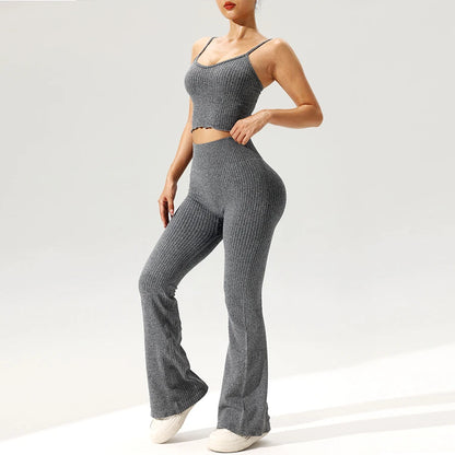 2Pcs/Set Seamless Flared Pants Ribbed Tank Top Outfit 